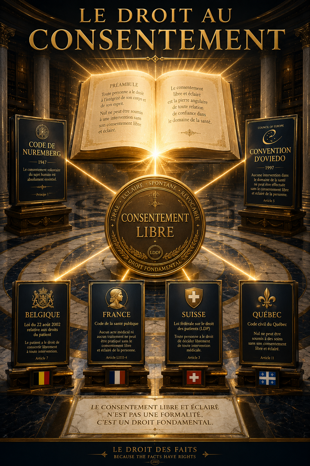 Le droit au consentement éclairé — Code de Nuremberg, Convention d'Oviedo, Belgique, France, Suisse, Québec
