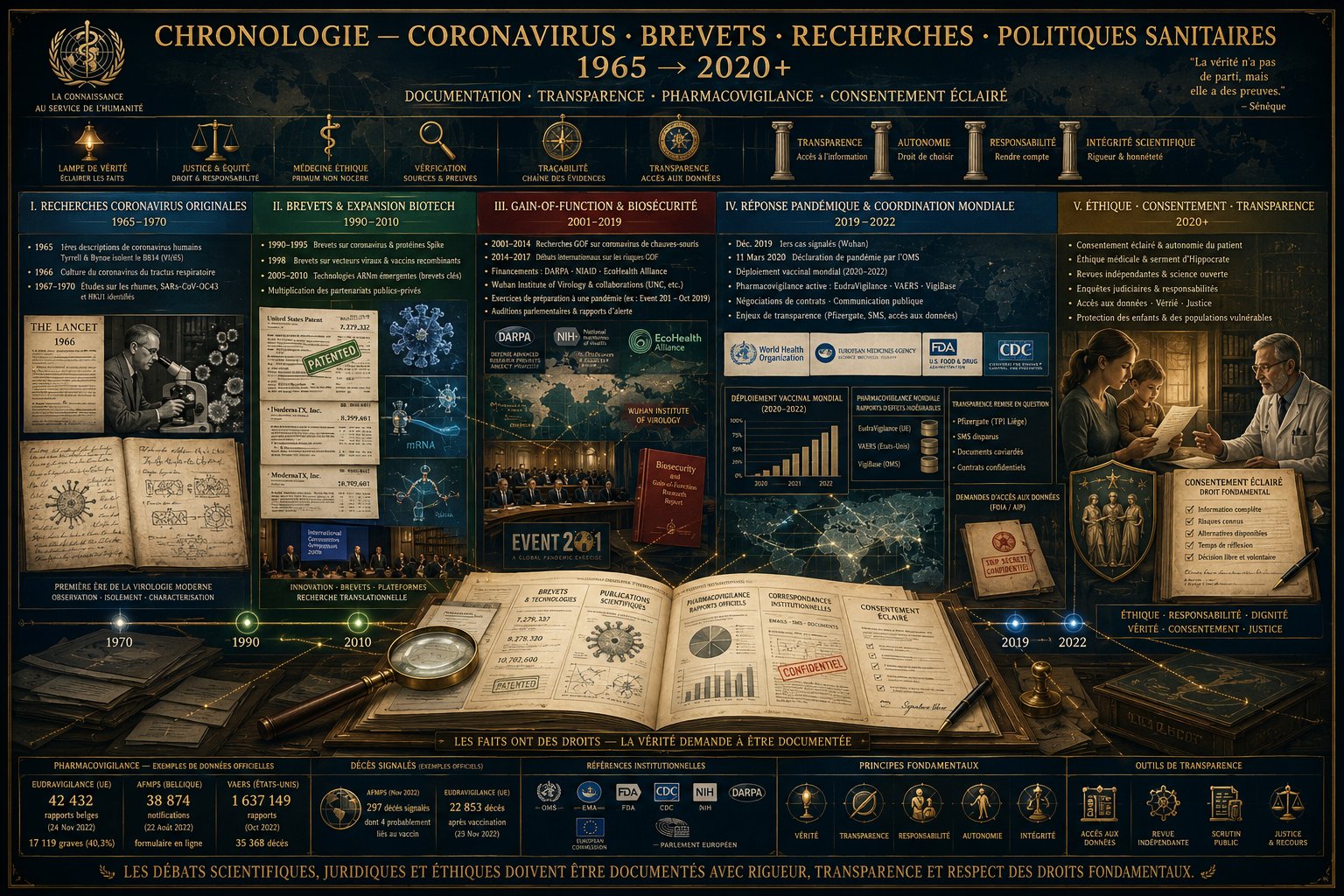 Chronologie Coronavirus — Brevets · Recherches · Politiques Sanitaires 1965-2020+