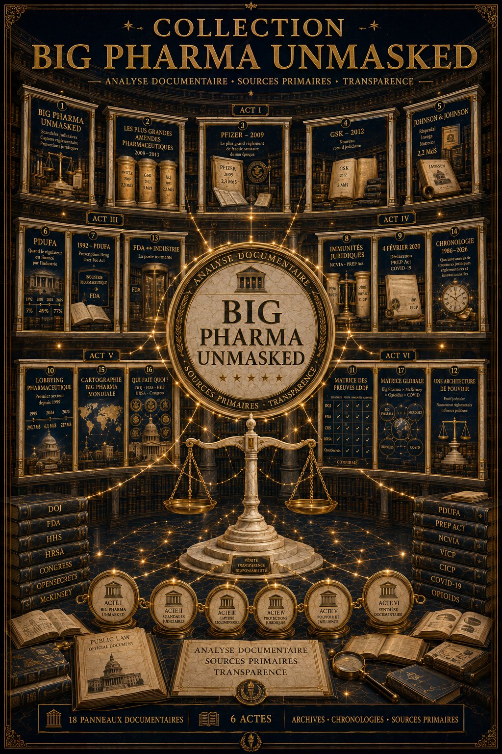 Big Pharma Unmasked — Collection documentaire complète, 18 visuels en 6 actes