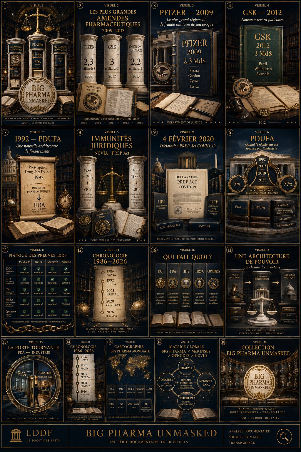 Big Pharma Unmasked — index des 18 visuels