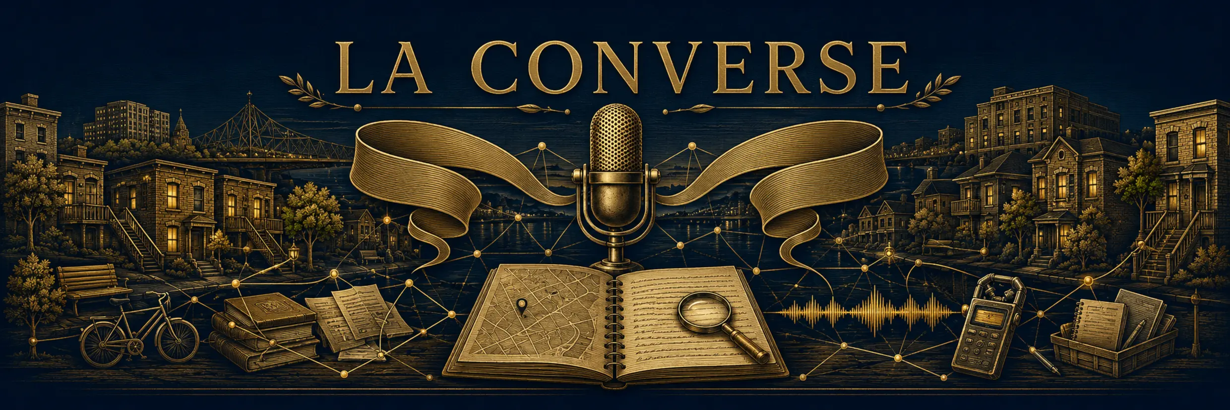 Bannière de La Converse : quartiers montréalais, microphone, rubans de parole, carnet cartographique et réseau de proximité