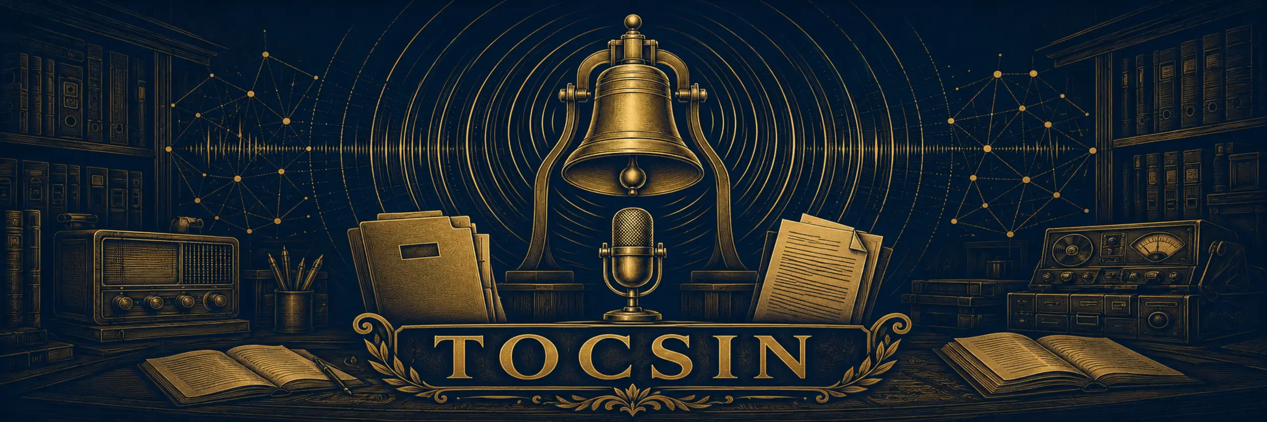 Bannière éditoriale de Tocsin : cloche, microphone, dossiers et ondes de diffusion