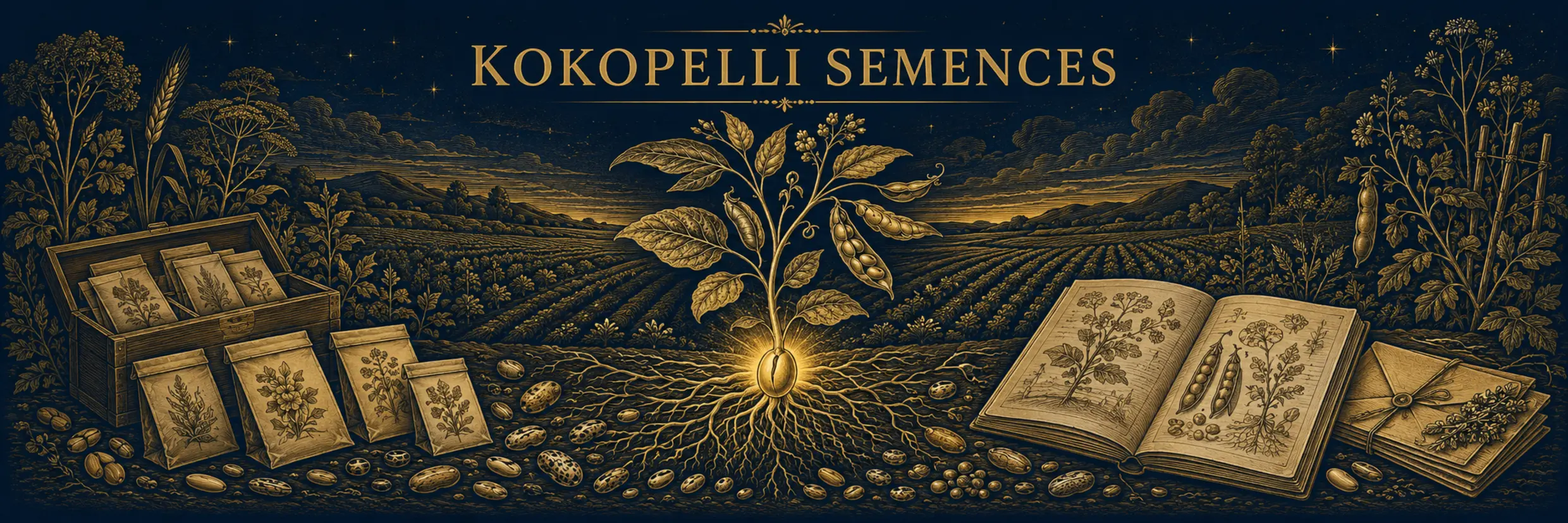 Bannière de Kokopelli Semences : graine, racines, plantes, champs, sachets et carnet botanique
