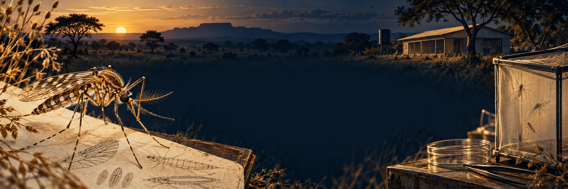 Savane du Burkina Faso au crépuscule, station de terrain Target Malaria et cages d'élevage de moustiques