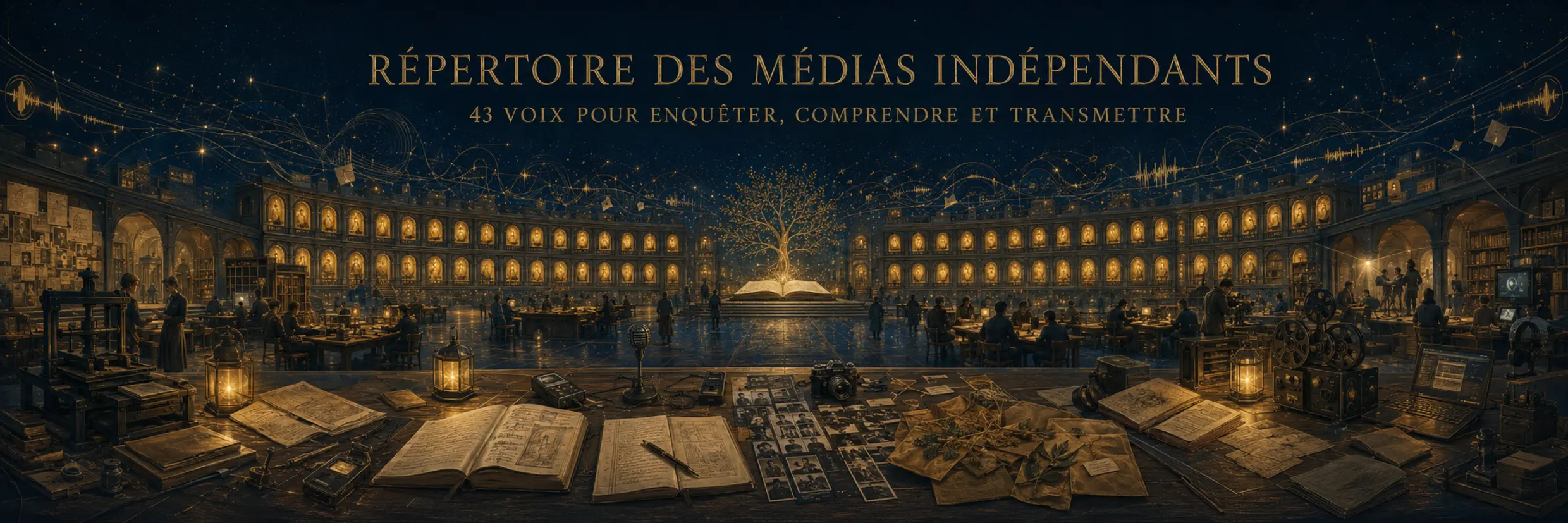 Répertoire des médias indépendants : salle documentaire, table d’enquête, archives et instruments de transmission