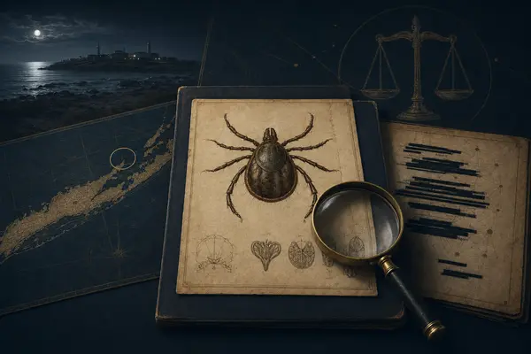 Tique naturaliste, dossier d'archives, carte côtière et loupe