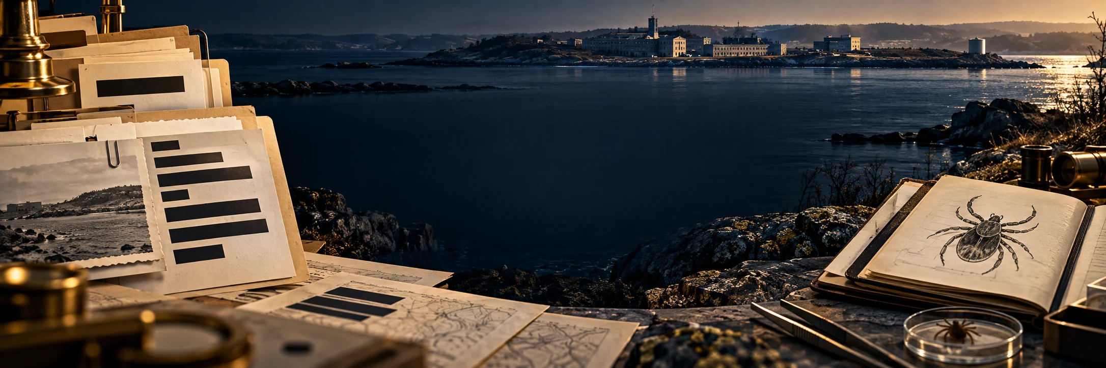Vue nocturne du laboratoire fédéral de Plum Island depuis la côte, avec documents caviardés et carnet d'observation entomologique au premier plan