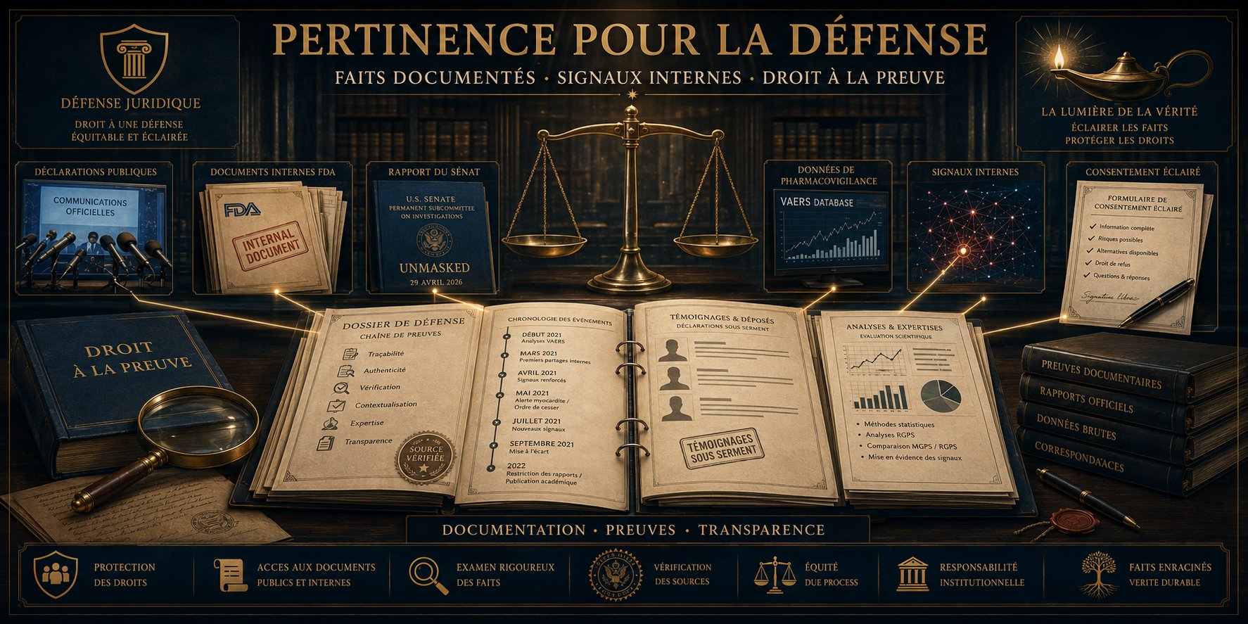 Pertinence pour la défense — Faits documentés · Signaux internes · Droit à la preuve